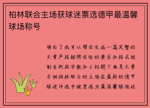 柏林联合主场获球迷票选德甲最温馨球场称号