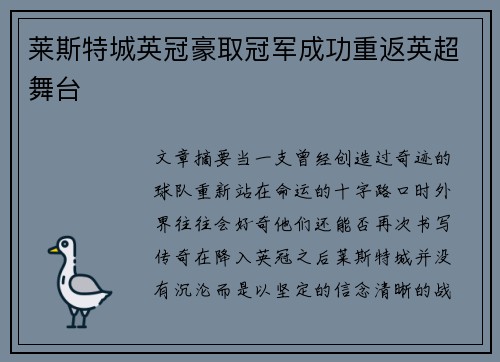 莱斯特城英冠豪取冠军成功重返英超舞台