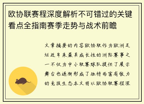 欧协联赛程深度解析不可错过的关键看点全指南赛季走势与战术前瞻
